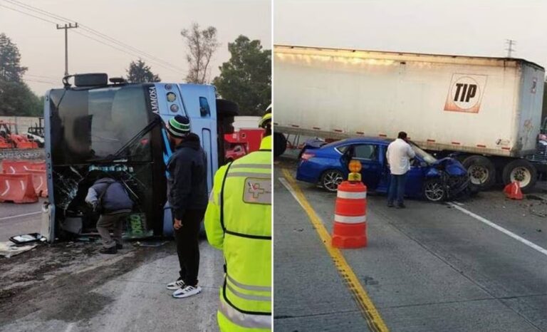 Tráiler provoca carambola y vuelca autobús de pasajeros en la México-Querétaro; hay varios heridos