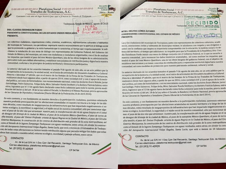 Plataforma Social Tratados de Teoloyucan entrega solicitud sobre sobre el paso del tren México–Querétaro a la Presidenta de la República y Gobernadora del Edomex