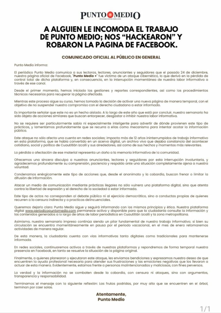 Noticias MQS expresa solidaridad al periódico Punto Medio tras el hackeo y robo de su página de Facebook