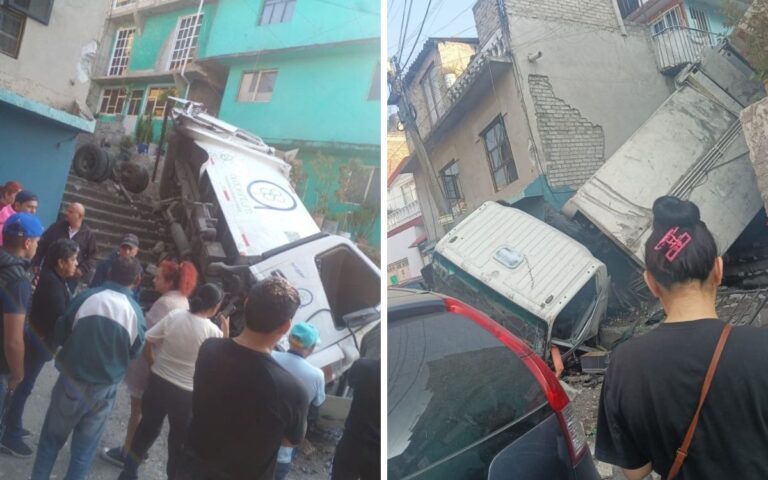 Camión de basura se desploma sobre casas en Naucalpan y deja dos heridos