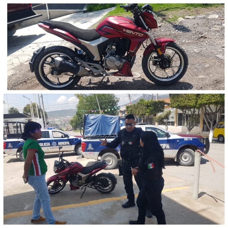 Recupera Policía Municipal de Teoloyucan motocicleta robada tras persecución en límites con Coyotepec